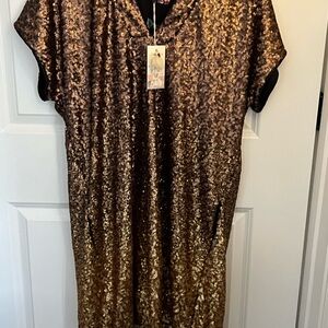Johnny Was Brown Sequin Sheath Dress V-Neck Midi